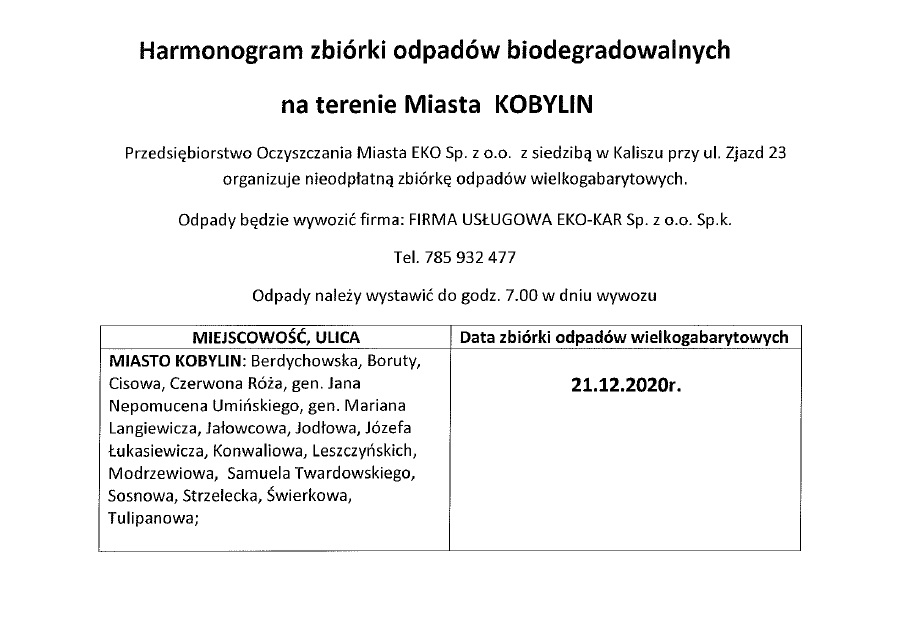 harmonogram odbioru odpadów biodegradowalnych