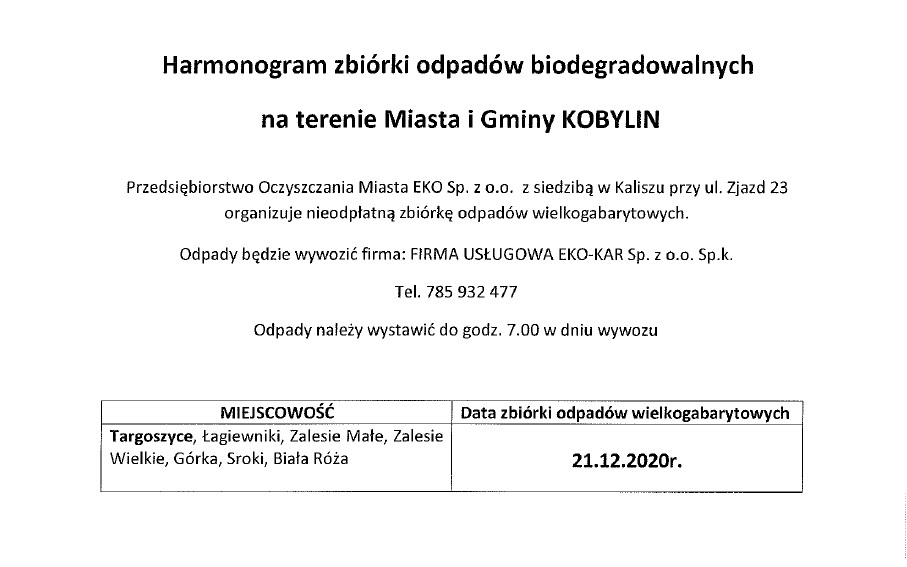 harmonogram odbioru odpadów biodegradowalnych