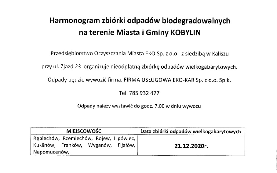 harmonogram odbioru odpadów biodegradowalnych