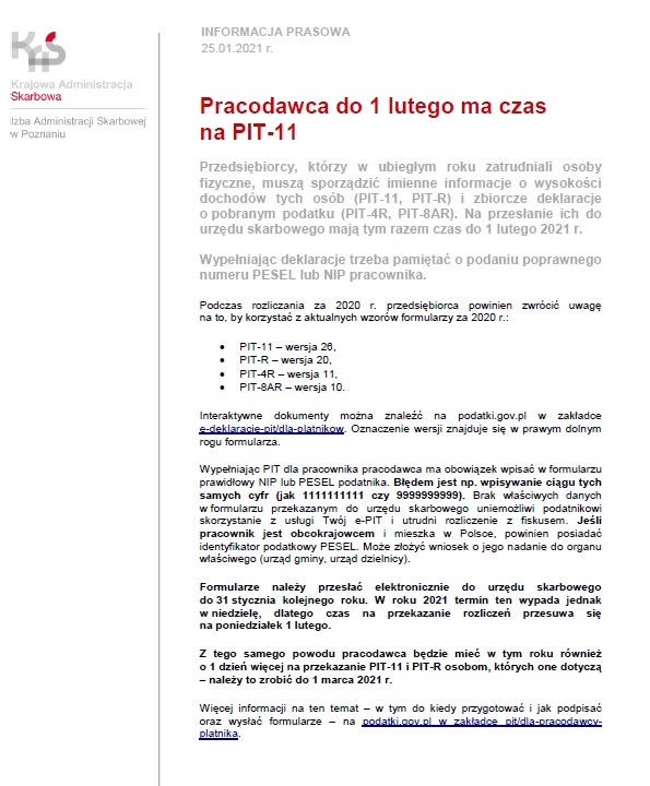 informacja prasowa z dnia 25.01.2021