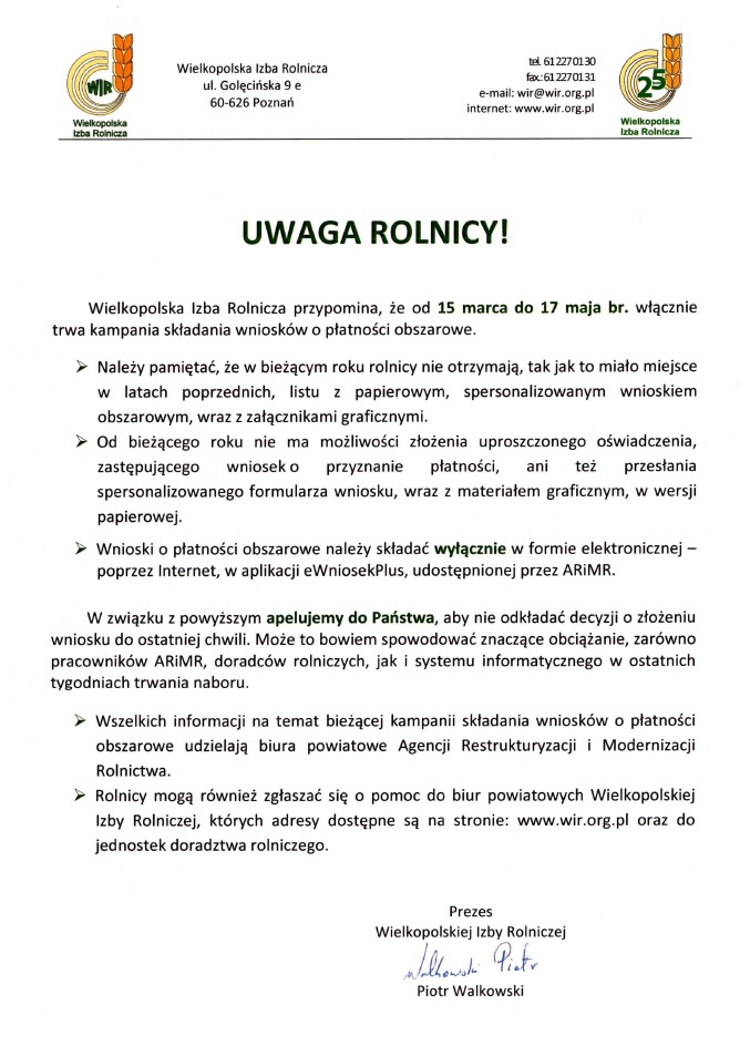 Informacja dla rolników - płatności obszarowe