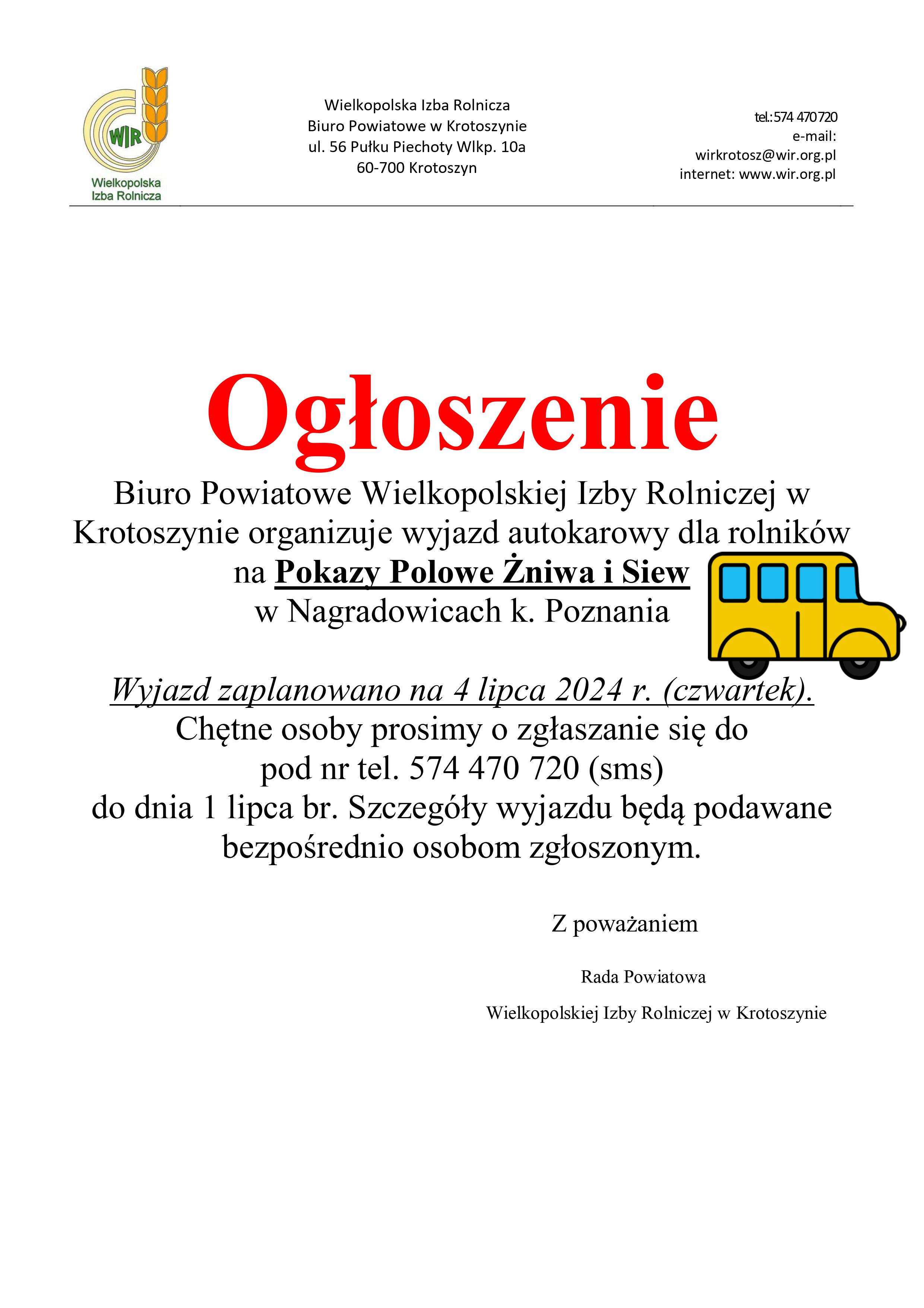 ogłoszenie na wyjazd autokarowy dla rolników